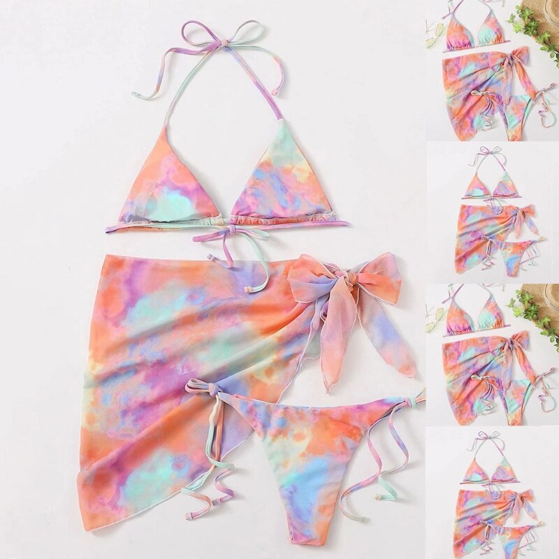 Sexy mujer 3 piezas de estampado de arco iris Bikini conjunto de cuerda brasileño traje de baño con pareo cubierta falda para la playa lazo lateral