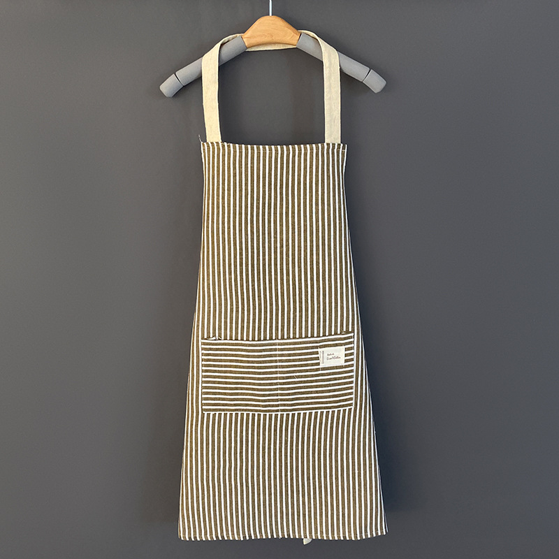 Hemp Apron Striped Cotton Household Japanese Aprons For Cleaning Cooking Baking With Large Pocket Cute Women's Apron Overalls: XL / Burgundy
