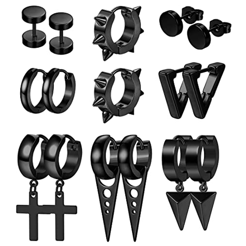 Wkoud 8 Pairs Rvs Punk Stud Oorbellen Voor Mannen Vrouwen Populaire Driehoek Kruis Klinknagel Oorbellen Scharnierende Hanger Ring Pierce: Black Gun Plated