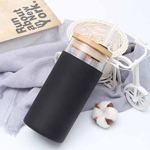 550ml bambu lock glas vatten te tumblers glasflaska med silikon hylsa te kaffe dricksflaska med sugrör: Svart