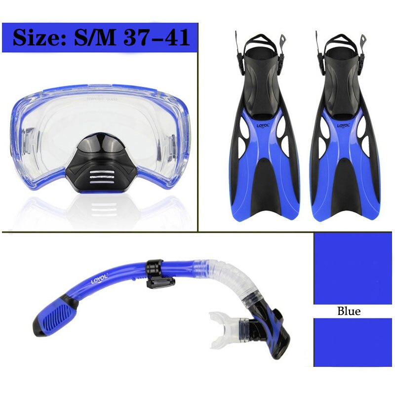 Diving Mask Diving Fins Snorkeling Tube Set Men Women Shoes Swim Glasses Adult Long Flippers Sports Equipment: Blue Size 37-41