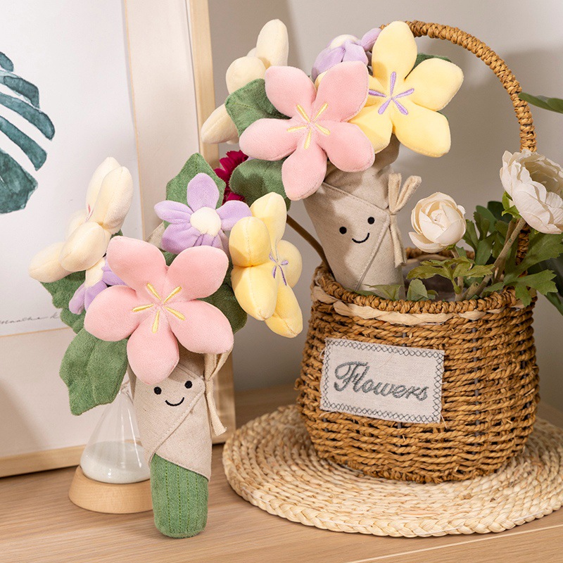 Interessante bouquet di peluche, tulipani, piante in vaso, bambole di peluche, bouquet adorabili e lenitivi e regali per il giorno della laurea per ragazze.
