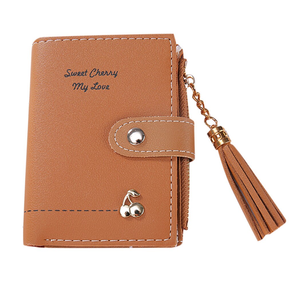 women's tassel zipper short wallet female solid color casual leather purse card bag handbag clutch bag billeteras mujer: Brown 