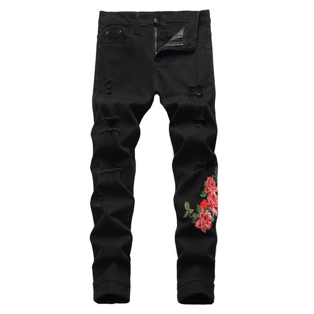 Mannen Rose Bloem Borduren Jeans Gaten Ripped Stretch Denim Broek Slanke Zwarte Broek
