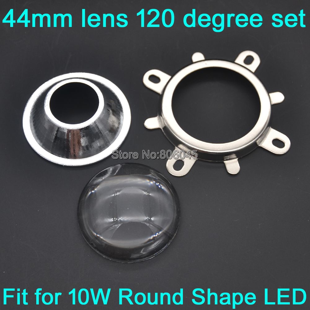 1 jeu de lentilles LED en verre 44mm 120 degrés + collimateur réflecteur à trou rond 50mm + support fixe pour LED COB haute puissance 10W de forme ronde