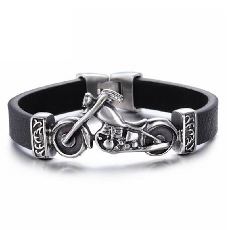 Unique Men Stainless Steel Motorcycle and Skeleton Charm Bracelet Rock Punk Durable Leather Bracelets Cool: Motorcycle