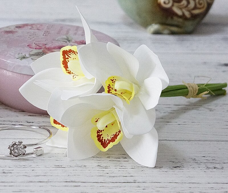 Ramo de novia de orquídeas blancas, flores artificiales de látex, álbum de recortes DIY, Decoración de casa, 4 Uds. Por paquete: white