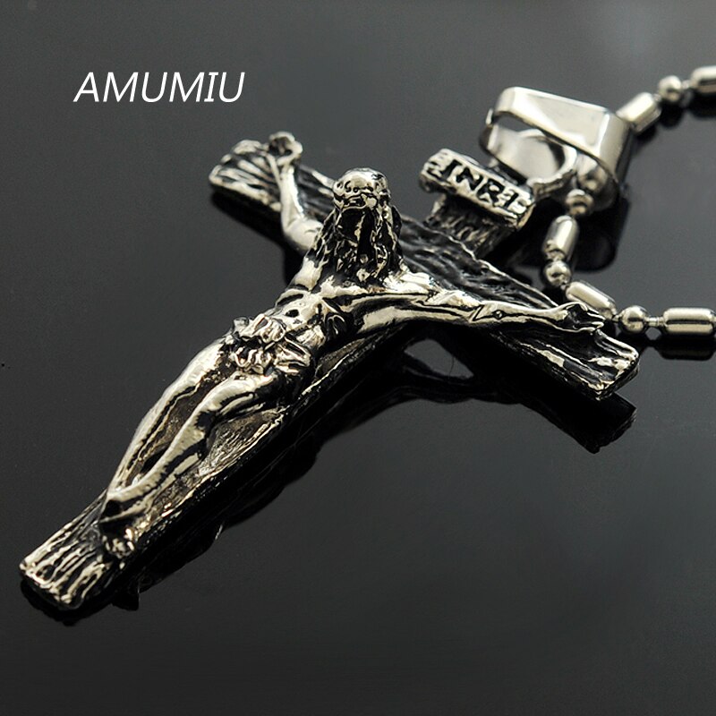AMUMIU Biker Sieraden Voor Mannen 316L Rvs Pretty INRI Crucifix Hanger Ketting HZP164