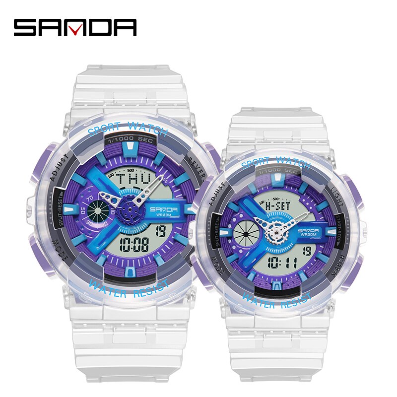 SANDA montre hommes et femmes montres transparentes étanche multi-fonction lumineux sport Double affichage Couple montre électronique: Couple Blue