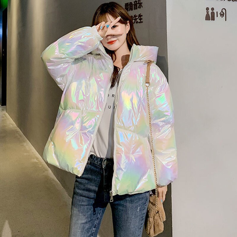 Parkas de Invierno para mujer, abrigos de tela brillante Tie Dye, chaquetas gruesas y cálidas con capucha, Parkas con cremallera con bolsillo acolchado, prendas de vestir frías