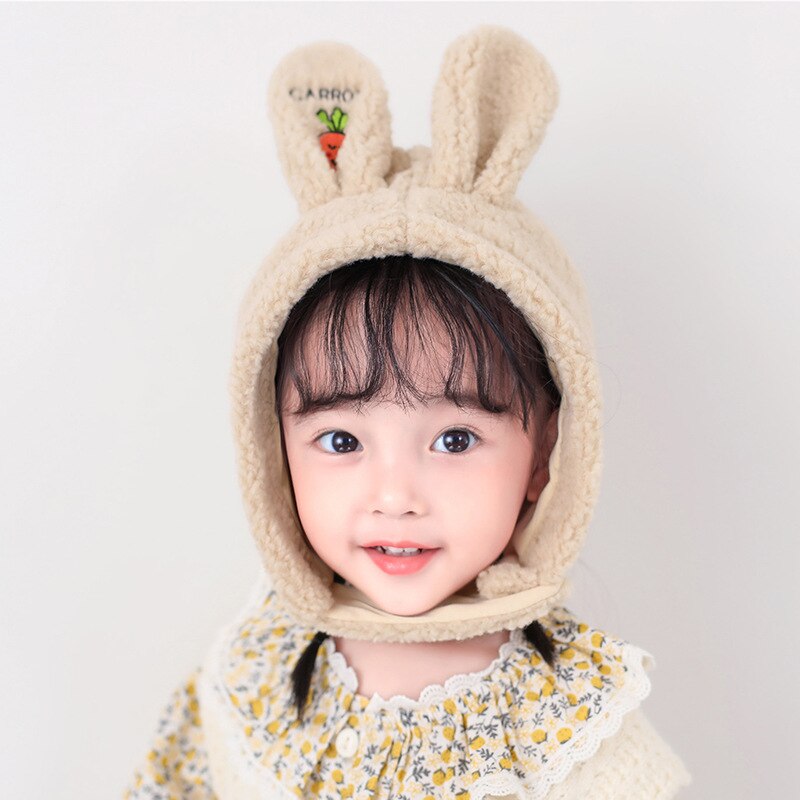 Cappello da ragazza cartone animato orecchie di coniglio capelli di agnello 3-10 anni cuffia per bambini protezione del viso cappello antivento: Beige