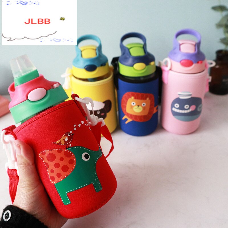 Bouteille d'eau en verre avec animaux pour enfants, avec sangle de sac en paille, couvercle supérieur verrouillable, anti-fuite, sans BPA, pour garçons, voyage randonnée, 500ml