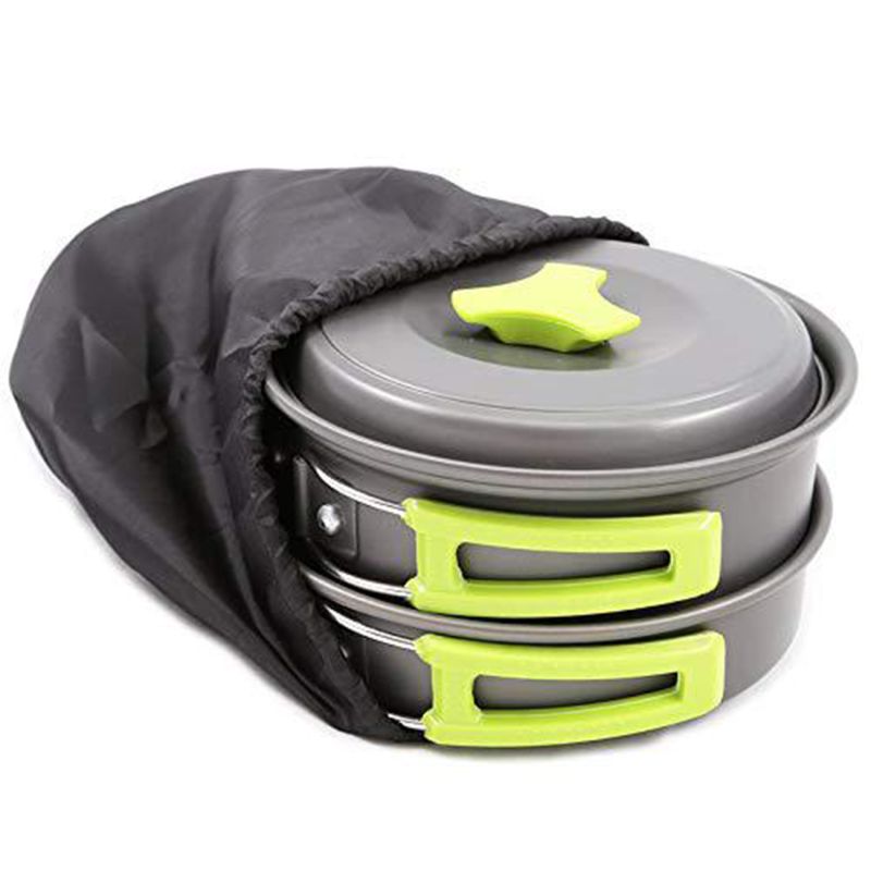 Draagbare Camping Kookgerei Puinhoop Kit Vouwen Kookset Voor Wandelen Backpacken 10 Stuk Lichtgewicht Duurzaam Pot Pan Bowls Spork Met