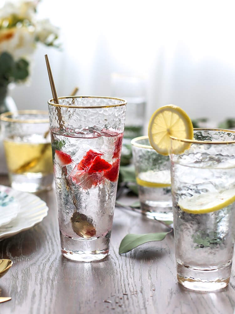 Ins gilt randen hamer cup, loodvrij kristalglas, koud drankje cup, vruchtensap glas cocktail glas gouden slanke cup voor sap