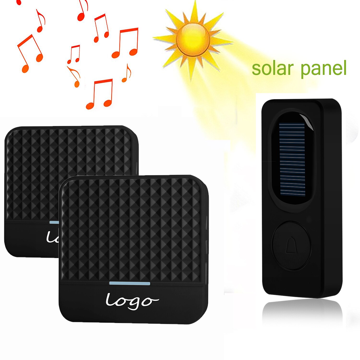 300M Intelligent Wireless Door Bell Solar Wireless Doorbell Low Power Home IP65 Waterproof Door Bell Chime Outdoor Doorbells: 2 receiver Black / US