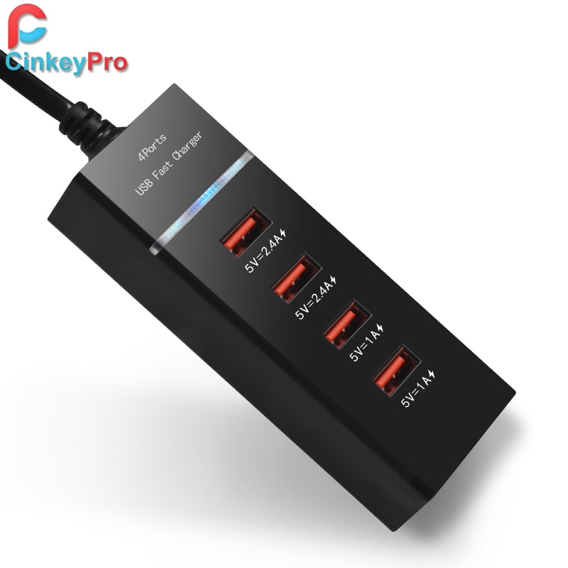 CinkeyPro 4-Ports USB Charger with LED Light Table Adapter Mobile Phone Fast Charging for iPhone iPad Samsung Universal