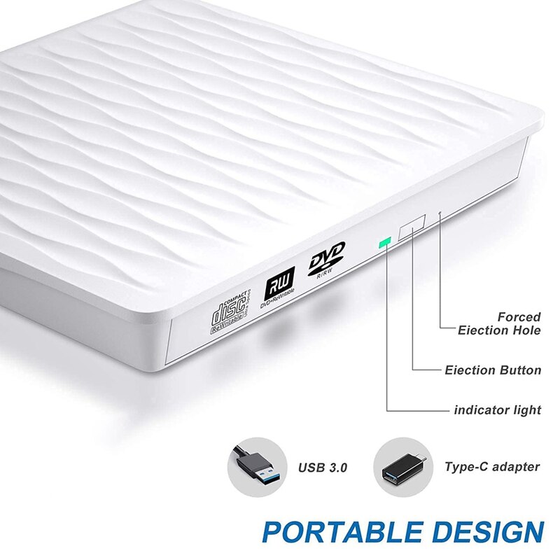 Unità DVD esterna per il computer portatile, USB 3.0/tipo C DVD-RW portatile/lettore di CD-RW, masterizzatore del CD dell&#39;unità ottica dello scrittore del lettore