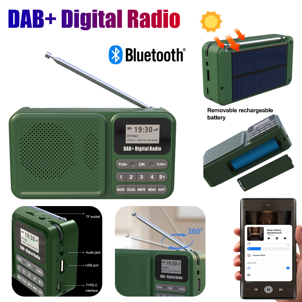 DAB+ digitale radio Draagbare FM-radio Bluetooth op zonne-energie en oplaadbare noodradio Ondersteunt U Disk TF-kaart MP3-speler