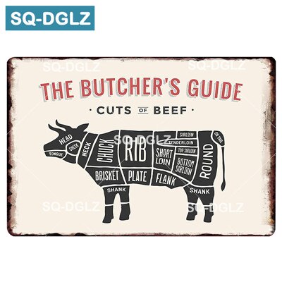 [sq-dglz] slakterens guide metall blikkskilt biff/gris/fisk/lam/kylling/svinekjøtt plakett maling veggdekorasjon maleplaketter: 1329