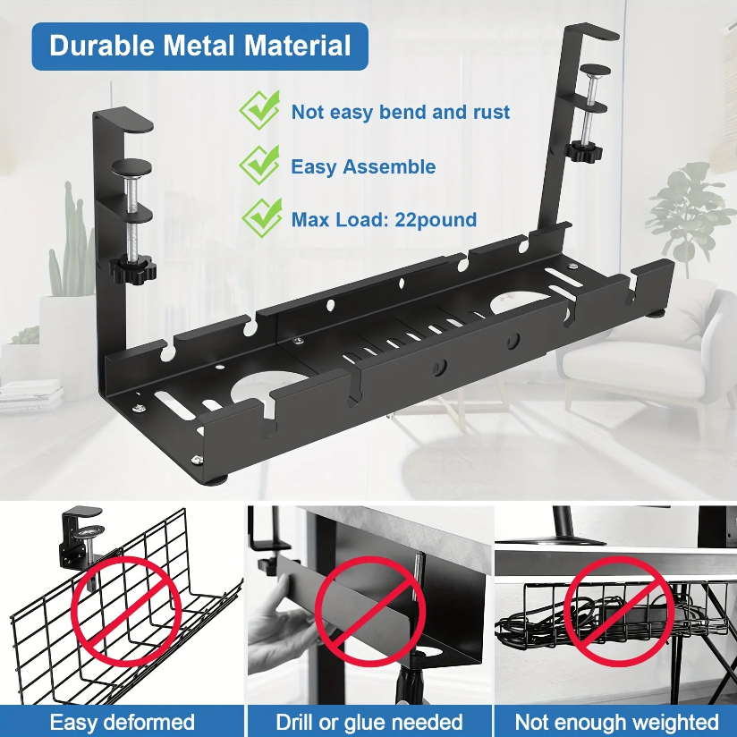 No Drilling Extendable Under Desk Cable Management Metal Cable Tray Under Desk With Clamp Retractable Power Strip Cord Holder