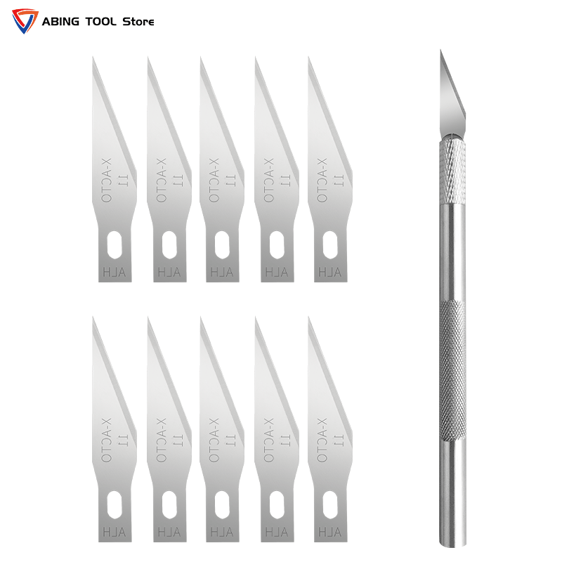 1 Knife Handle with 10pcs Blade Replacement 11A# Wood Cut Paper Knife PCB Repair Scalpel Knife DIY Cutting Tool Clean OCA Tool