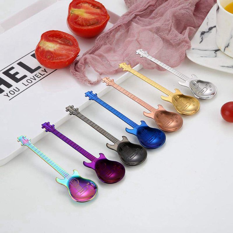 6 uds cucharillas de café guitarra cuchara, acero inoxidable colorido postre cuchara Musical demitazo cuchara Linda cocina utensilio para el té