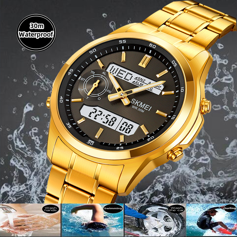 Skmei Herren-Sportuhren mit mehreren Zeitzonen, analoge Digitalanzeige, LED, wasserdicht, Quarz, elektronische Armbanduhr, 4 Wecker