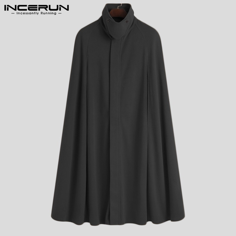 INCERUN Männer Mantel Mäntel Streetwear Lose Einfarbig Stehen Kragen Split Herren Graben Cape Chic Lange Stil Poncho S-5XL