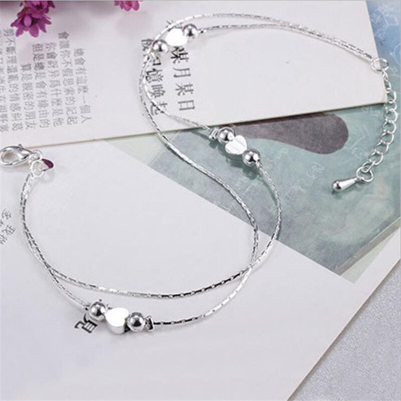 Kofsac Mode Liefde Hart 925 Sterling Zilver Enkelbandje Eenvoudige Glossy Ronde Kralen Enkelbanden Voor Vrouwen Sieraden Meisje Beste