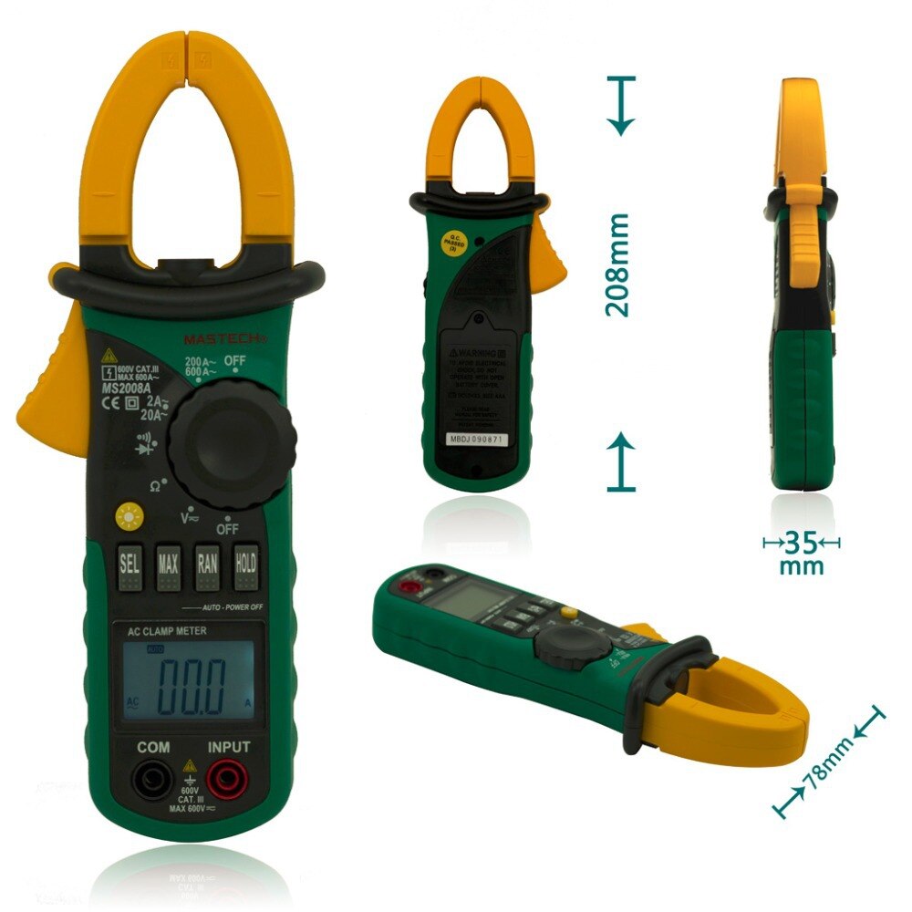 Mastech  ms2008a digital ac clamp meter 600a amper clamp multimeter baggrundsbelysning data hold diode kontinuitetstest