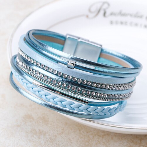 Flashbuy Alloy Rhinestone Leather Beads Crystal Bangles For Women Accessories Bracelet Jewelry Decoration: Blue