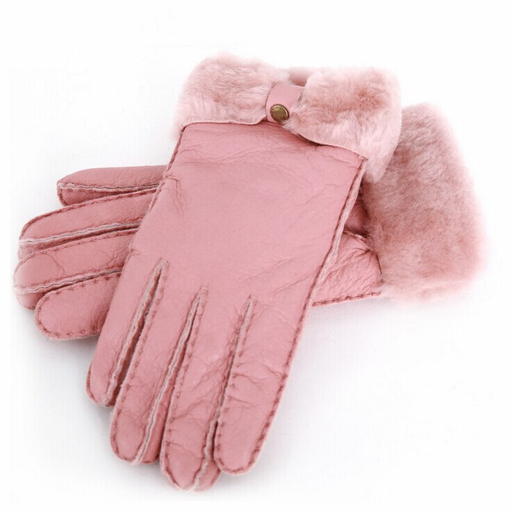 Guantes gruesos de lana y piel de oveja para mujer, manoplas cálidas a la , de rusa, 100% piel de oveja, para invierno: Pink