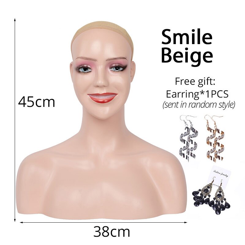 Plussign Realistic Half Body Double Shoulder Pvc Training Mannequin Heads For Display Wigs Hat Jewelry Practice Model Head: new Smile beige
