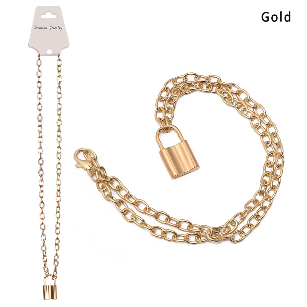 1Pcs Punk Jewelry Gold Silver Color PadLock Pendant Necklace Stainless Steel Rolo Cable Chain Necklace: 1-Gold