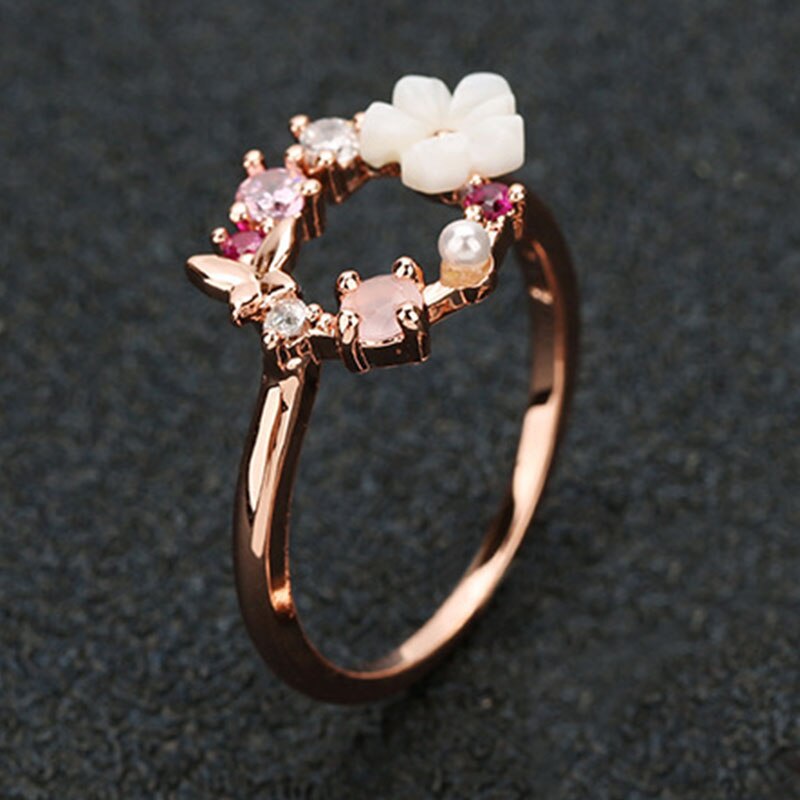 Butterfly Flowers Crystal Finger Wedding Rings for Women Rose Gold Zircon Glamour Ring Jewelry Girl Bijoux