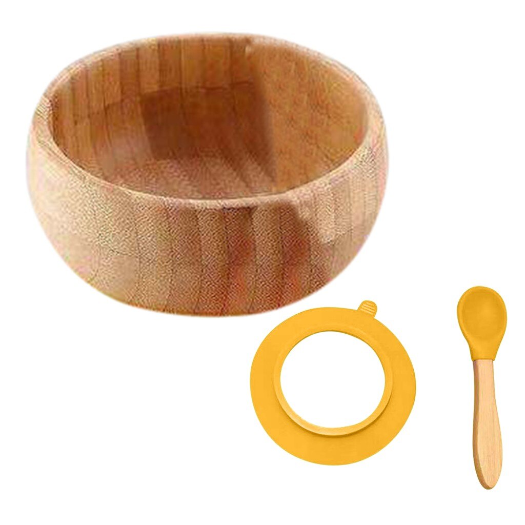 Baby børneservise sæt runde bambus skål silikone ske sæt skridsikker sugekop fodring skål til børn køkken bestik sæt: Orange