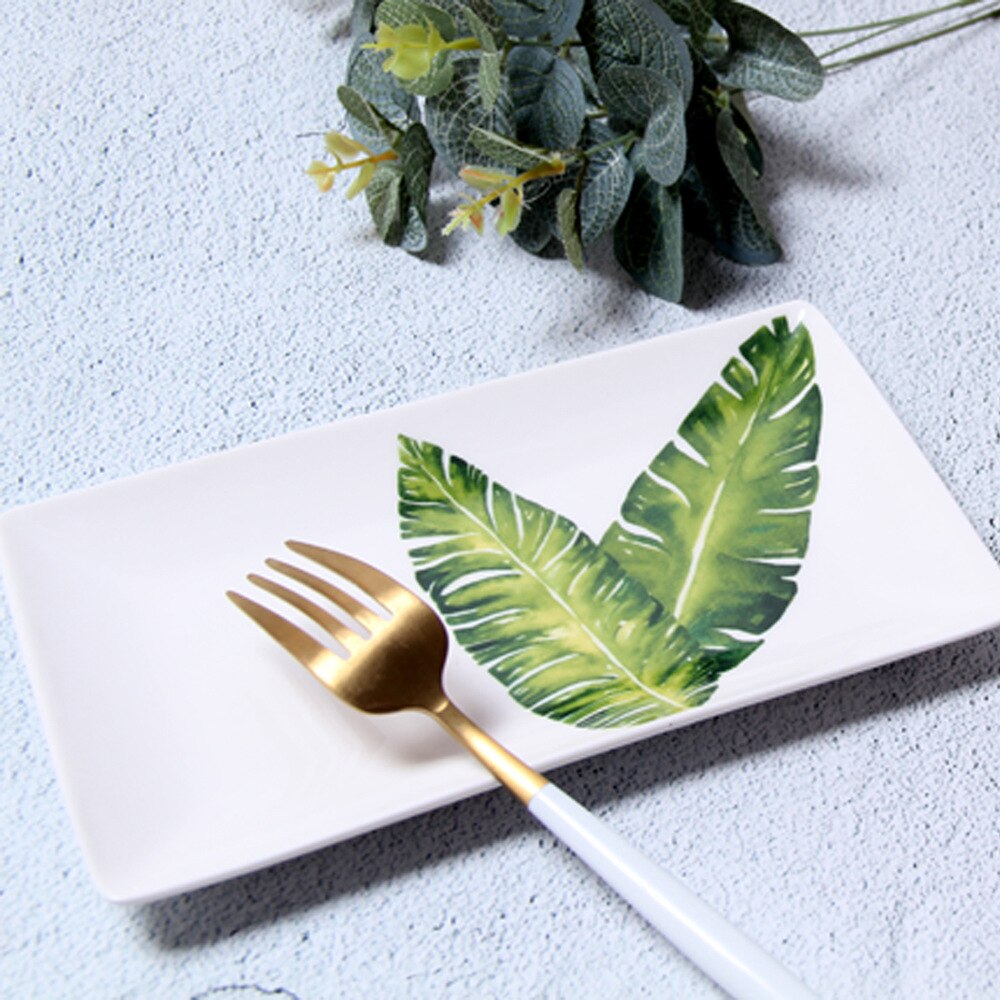 8 Inches Nordic Leaf Rectangle Ceramic Plate Green Plant Porcelain Dinner Plate Dessert Steak Sushi Tray Snack Dish Tableware