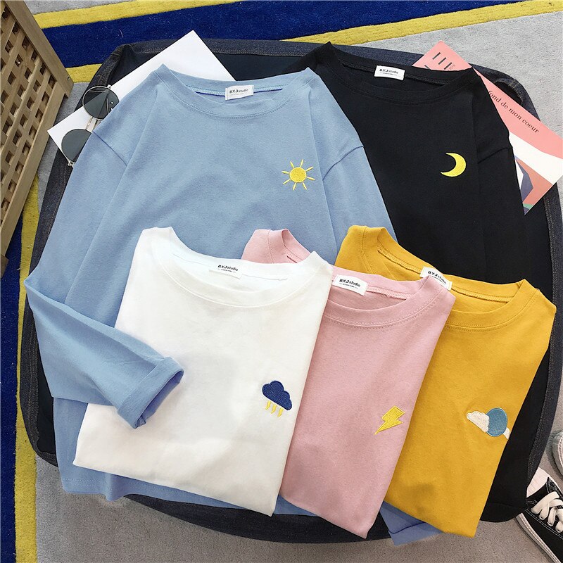 Kvinder tegneserie broderi t-shirts harajuku enkel t-shirt efterår lange ærmer afslappet løs t-shirt studerende sjove t-shirt toppe