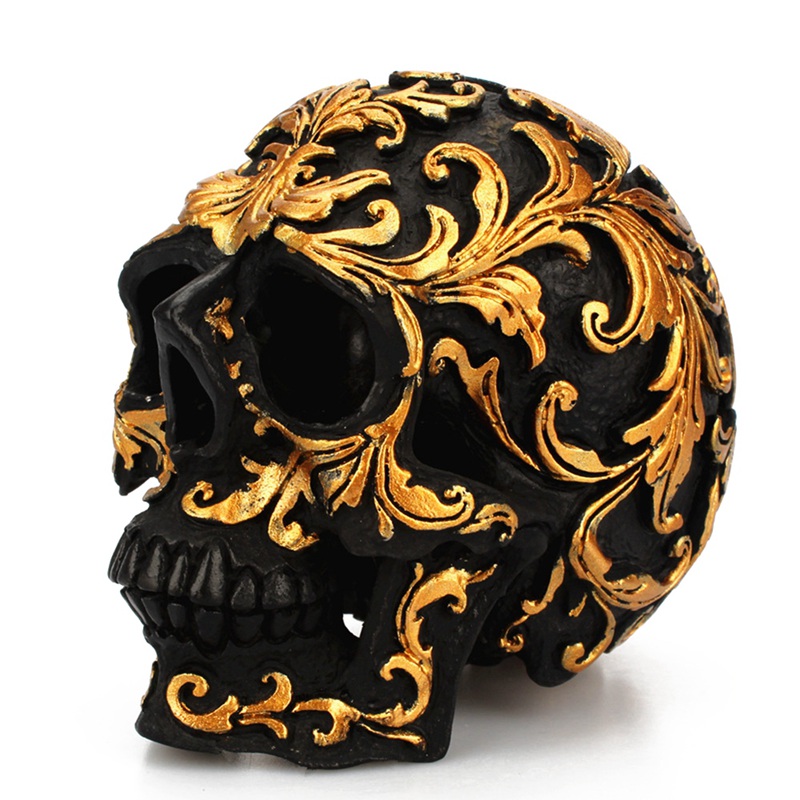 Hars Zwarte Schedel Desktop Decoratie Realistische Replica Menselijk Standbeeld Halloween Gouden Bloem Frame Decoratie