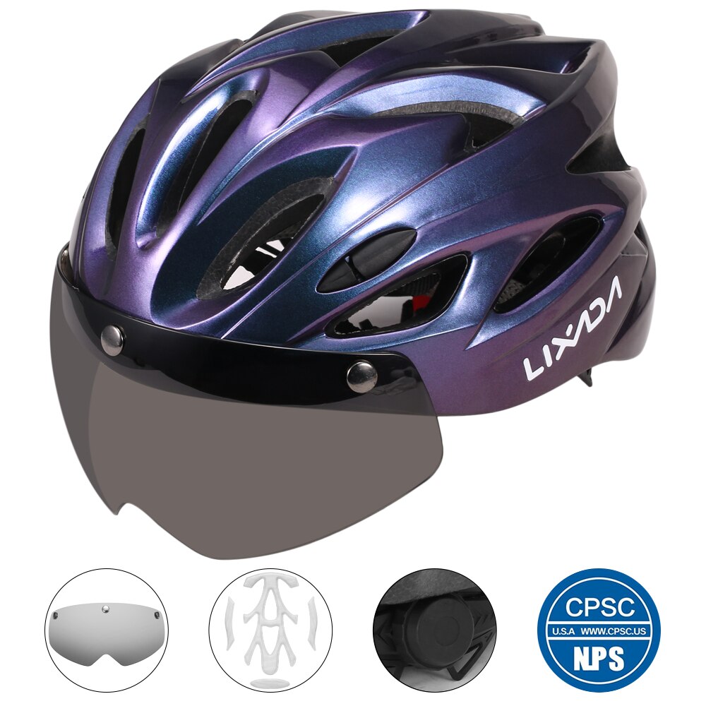 Lixada Bike Cycling Helmet with Detachable Magnetic Goggles LED Light Mountain Road Bicycle Helmets Safety Protective Helmet: D Blue no Light