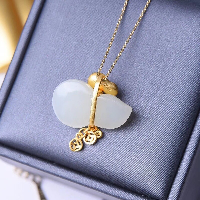 Natuurlijke Witte Jade Kalebas Hanger Ketting 925 Zilveren Chalcedoon Chinese Gesneden Charm Sieraden Agaat Mode Amulet Vrouwen