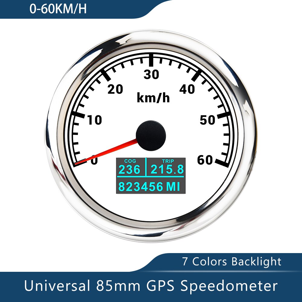 Novo velocímetro de 85mm gps 0-30/60 nós 0-60/80/120/160/200 mph 0-60/120/200km/h com luz de fundo de 7 cores para a motocicleta do barco do carro: 60KWS