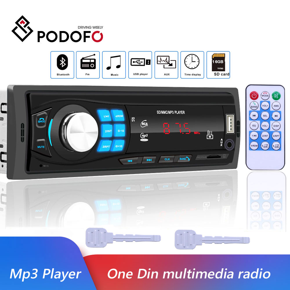 Podofo 12V Bluetooth Autoradio Autoradio Radio 12 Pin Fm Ingang Ontvanger Sd Usb AUX-IN In-Dash 1 din Auto MP3 Multimedia Speler