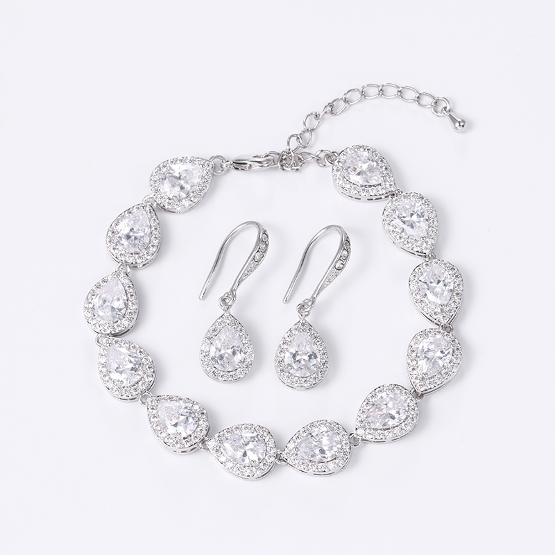 Weimanjingdian Halo Teardrop Zirconia Cz Bruiloft Armband En Oorbel Bruids Sieraden Set Bruidsmeisje Sieraden