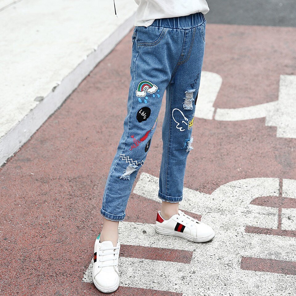 Pantalones vaqueros con estampado de dibujos animados para niña, pantalón vaquero con agujeros para niño de 3, 4, 6, 8, 10, 12 y 14 años, primavera, verano y otoño,