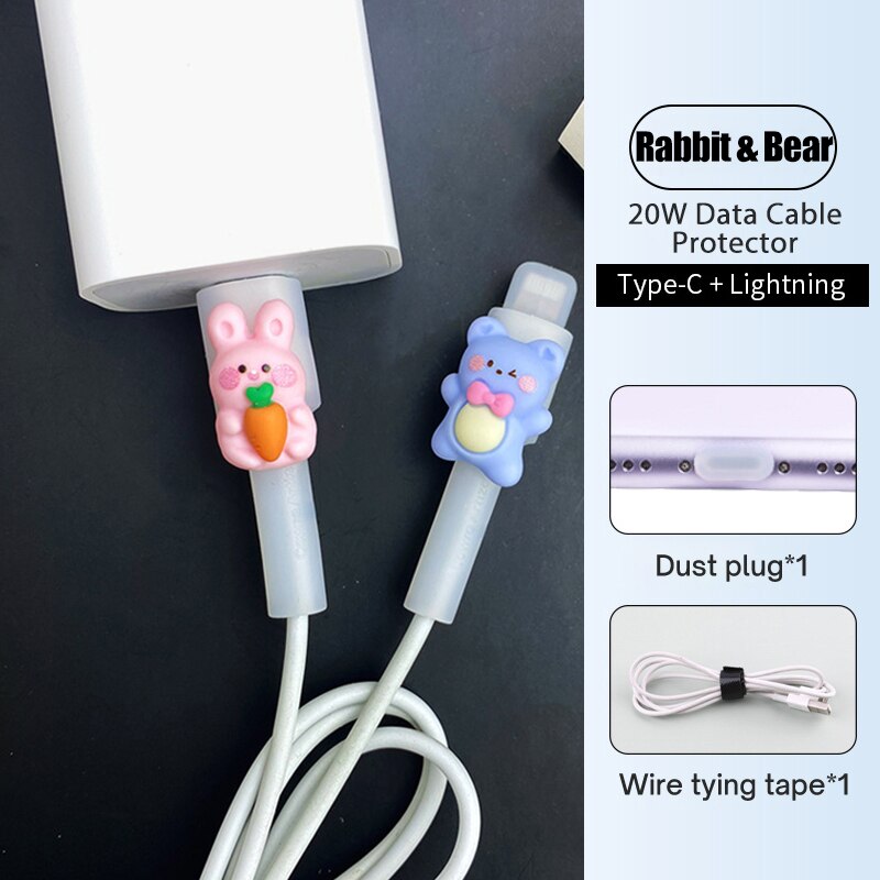 Silicone Charger Cable Protector For Apple Lightning To Usb Both Ends Protector Cover For iPhone Lightning To Type C Cable: 20W Rabbit and Bear