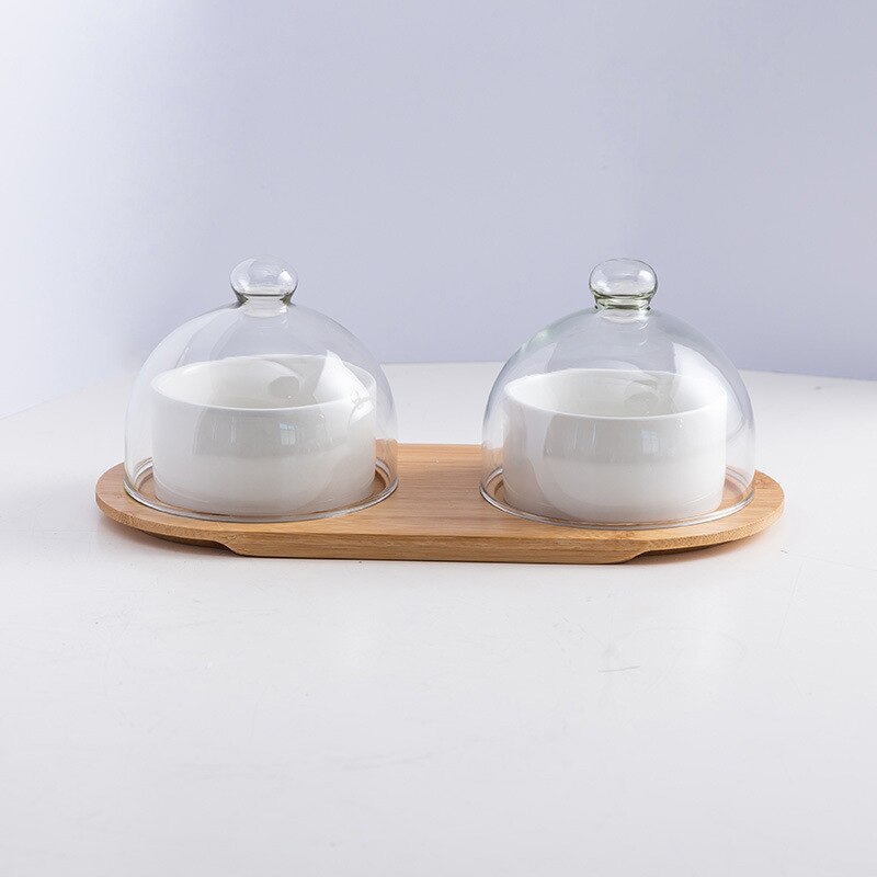 Bandeja de cerámica para almacenamiento de postres bandeja de almacenamiento de aperitivos y frutas, recipiente para helado con tapa de cristal y bandeja de bambú, juego de cubiertos de cocina: white-2pcs