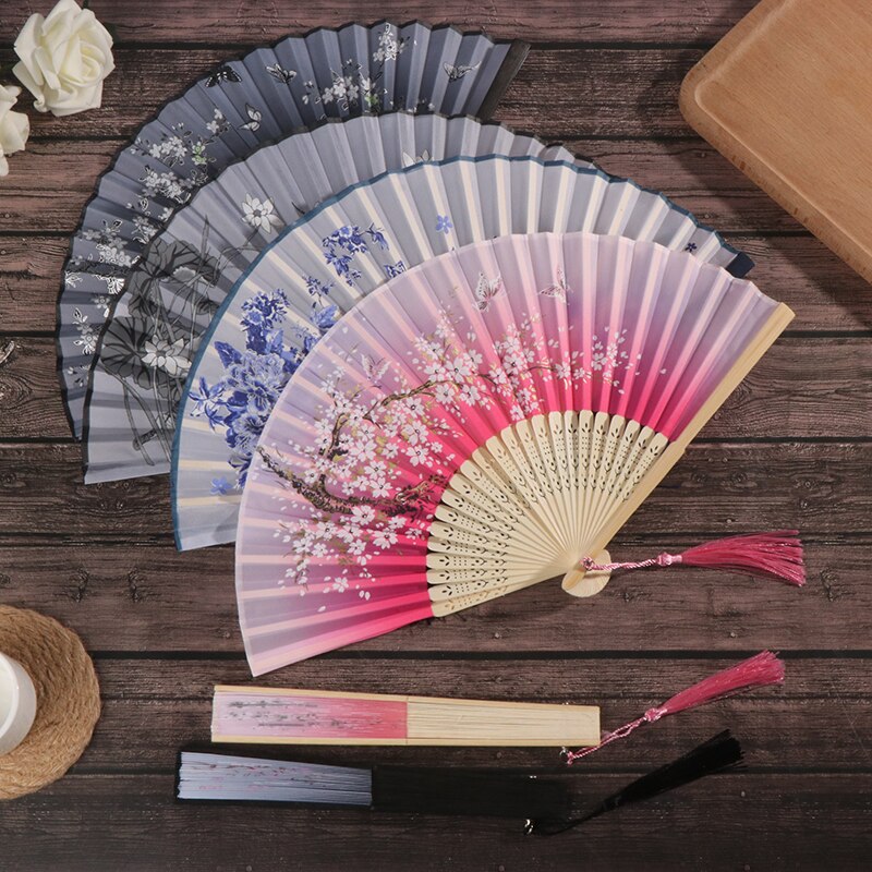 1PC Retro Chinese Japanese Silk Bamboo Folding Fan Home Decoration Ornaments Floral Painting Hand Held Fans Dance Party