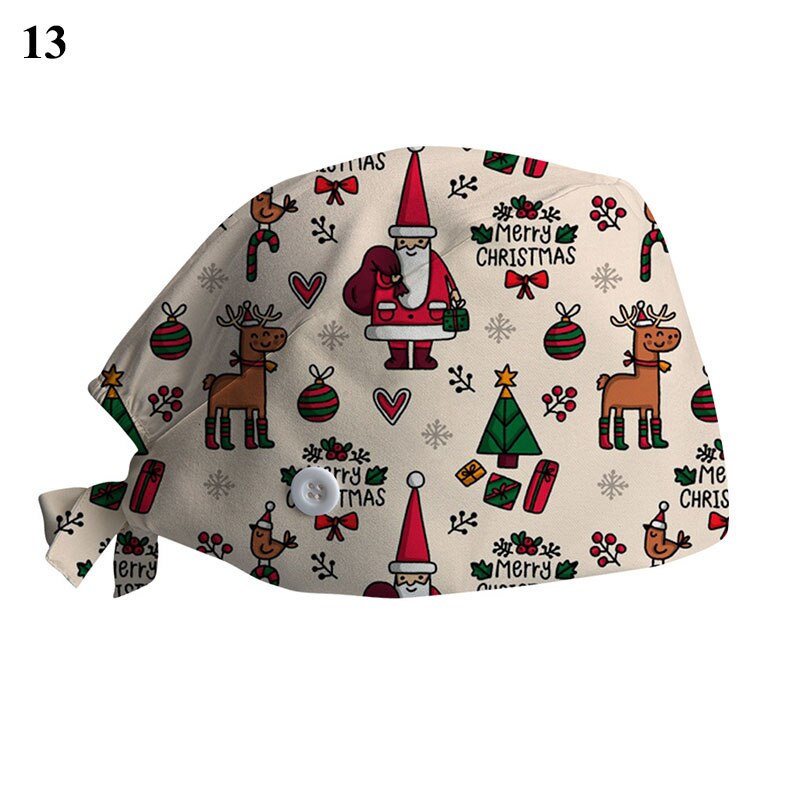 Kerstprint chirurgische muts voor dames heren verpleegstersmuts met knoop zweetabsorberende handdoek doktersmuts scrub muts gesp baotou muts: 13