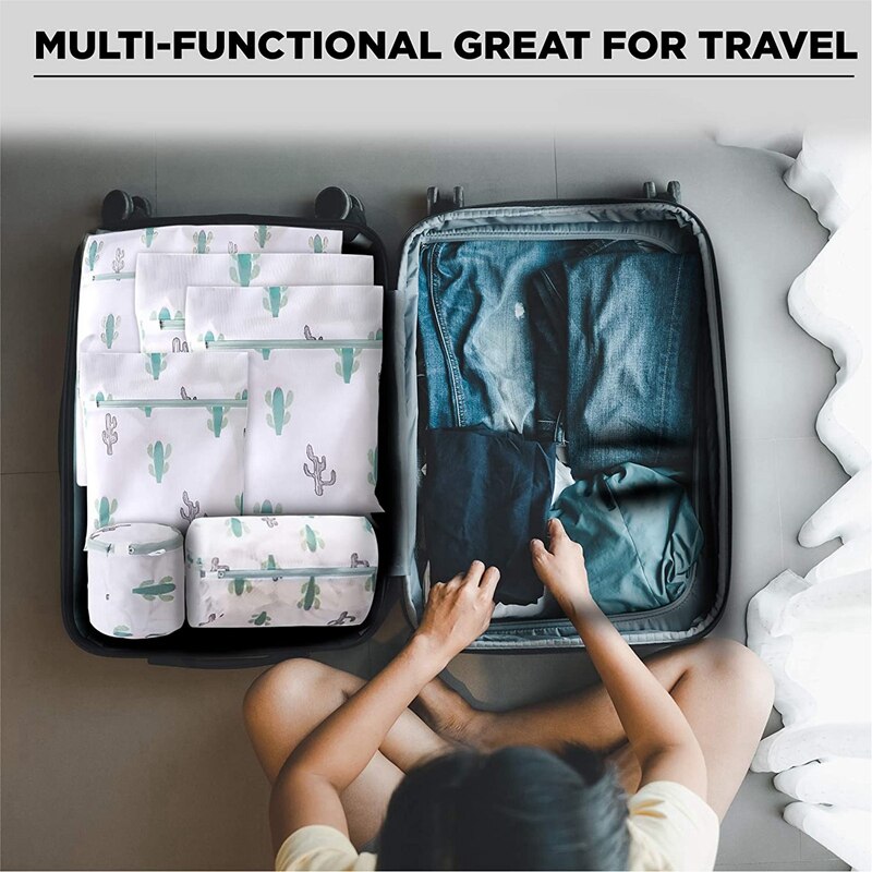 6 Pcs Mesh Waszakken Met Prints, Reizen Opbergtas, Kledingstuk Wassen Zakken Voor Kleding, Bras, ondergoed, Sokken, Groen